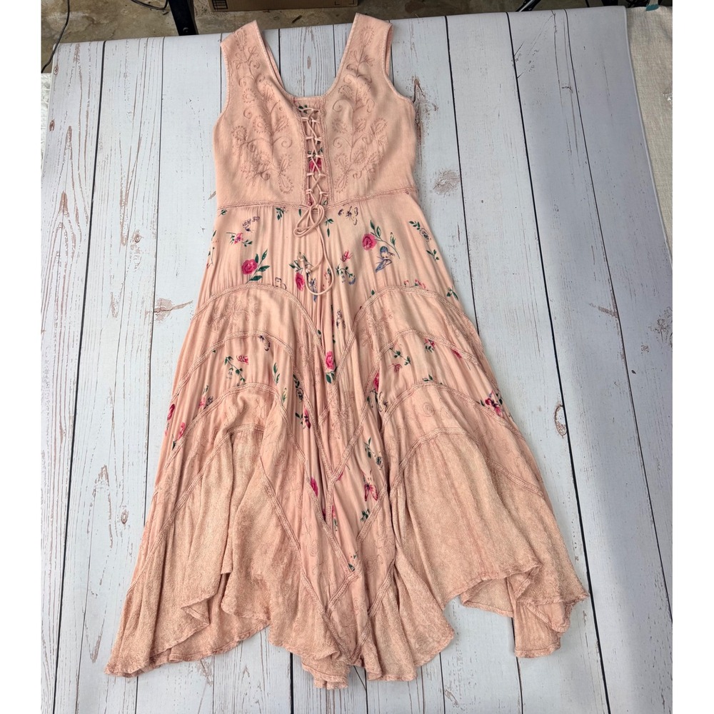 Advance Apparels Peach Floral Lace Up Handkerchief Hem Midi Dress L/XL